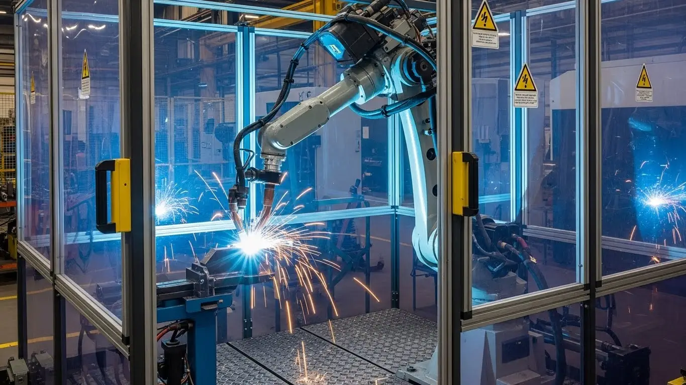 안전 인클로저가 있는 산업용 로봇 용접기